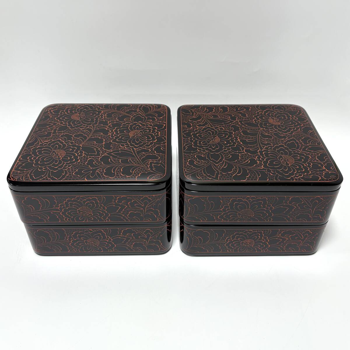 【62801S】未使用 輪島漆器 二段重×2点 共箱 漆塗り 重箱 工芸品 天然木 輪島漆器商工業協同組合 経年保管品 現状品