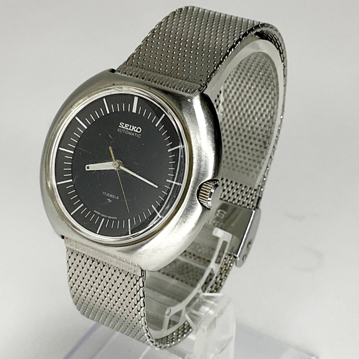 【54398T】稼働品 SEIKO AUTOMATIC 2201-6010 自動巻き メッシュベルト 17JEWELS 防水