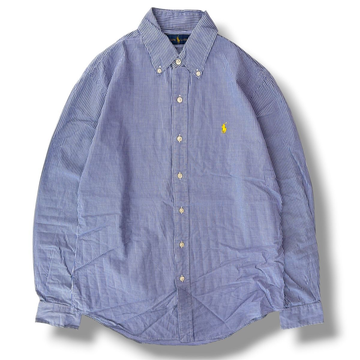 Ralph Lauren ラルフローレン ギンガムチェック 長袖 ボタンダウン チェックシャツ 青系 Sサイズ トップス コットン ポニー刺繍 古着