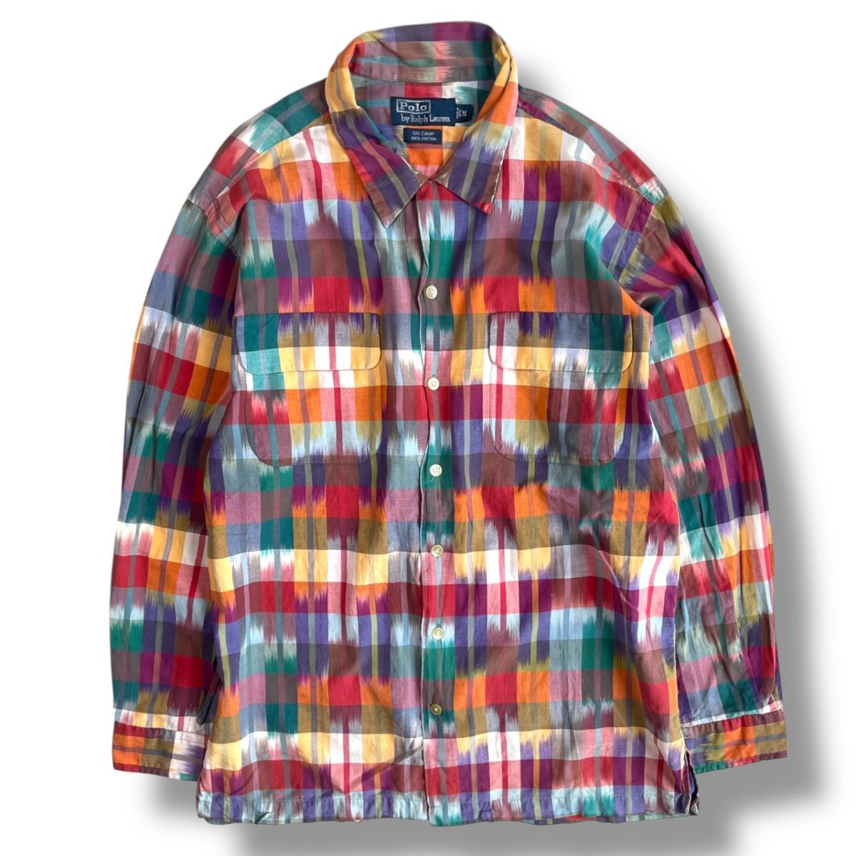 希少★90's POLO Ralph Lauren ポロ ラルフローレン SKI CAMP スキー キャンプ 長袖 総柄 ネイティブ シャツ M ヴィンテージ VINTAGE