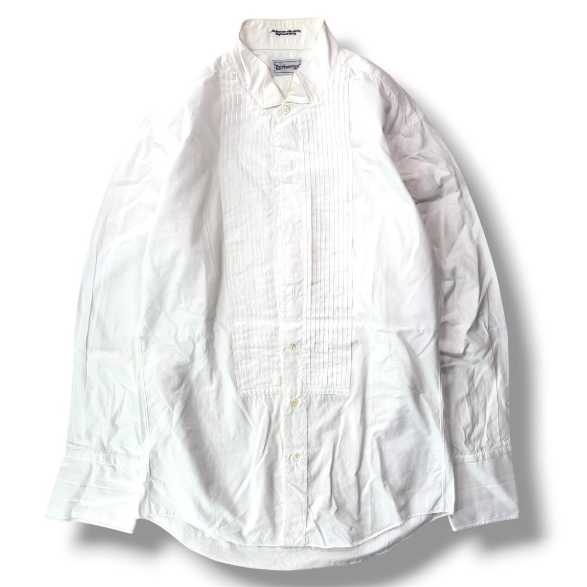 国内正規品★ Burberrys メンズ 長袖 プリーツ シャツ ドレスシャツ 白 A39-80サイズ ヒダ胸 ウィングカラー襟 ワイシャツ トップス 古着