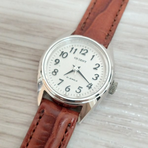 オリエント ORIENT 21石 手巻き E491301 レディース アンティーク 腕時計 白文字盤 革ベルト 中古 簡易動作確認 保証なし 昭和レトロ