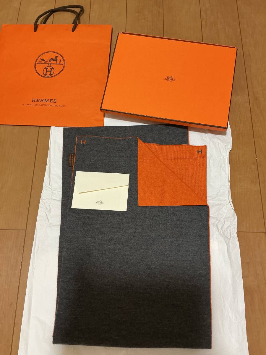未使用　HERMES エルメス　マフラー　ストール　カシミヤ／シルク　グレー／オレンジ
