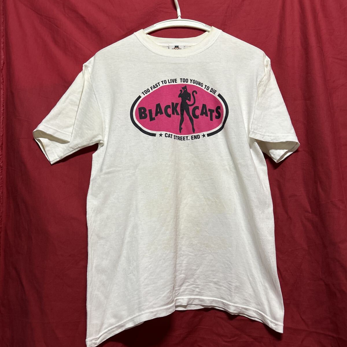 BLACK CATS ブラックキャッツ Tシャツ ホワイト TOO FAST TO LIVE クリームソーダ　ピンクドラゴン S
