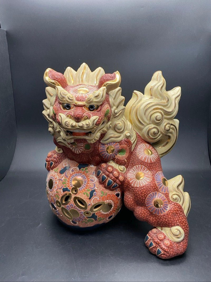 石川県 伝統美術工芸 九谷焼 八幡窯 立獅子 盛 12号 縁起物 厄除け アンティーク KUTANI インテリア ディスプレイ ☆ちょこオク☆140