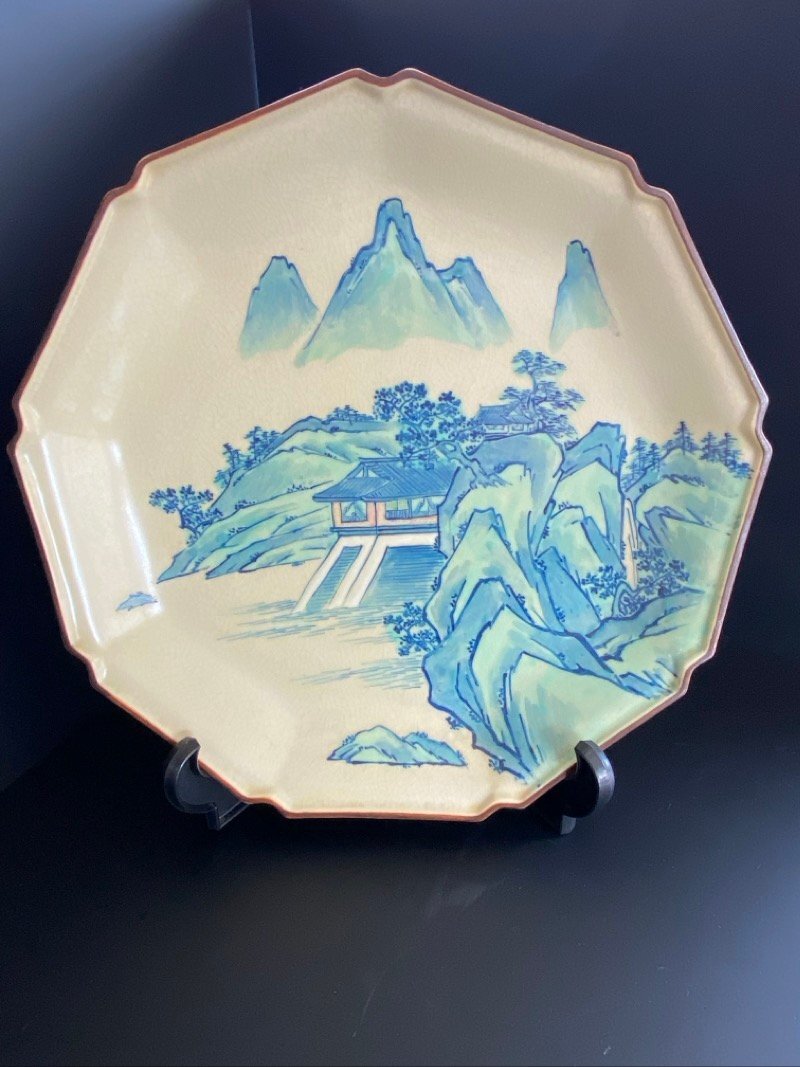 石川県 伝統工芸 九谷焼 松邦 9角皿 山水 飾り皿 インテリア ディスプレイ 長期保管品 KUTANI ☆ちょこオク☆100