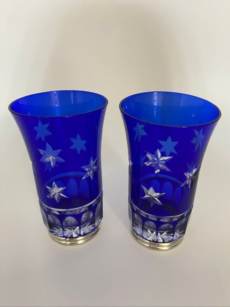 未使用品　はりき 被せ切子 グラス 切子グラス 青色 2個セット 昭和 レトロ ガラス 硝子細工 工芸ガラス 食器☆ちょこオク☆60
