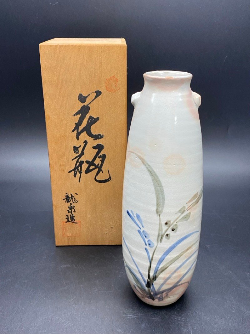 龍泉造 双耳 花瓶 いなほ文 共箱 花器 花生 インテリア ディスプレイ ☆ちょこオク☆80