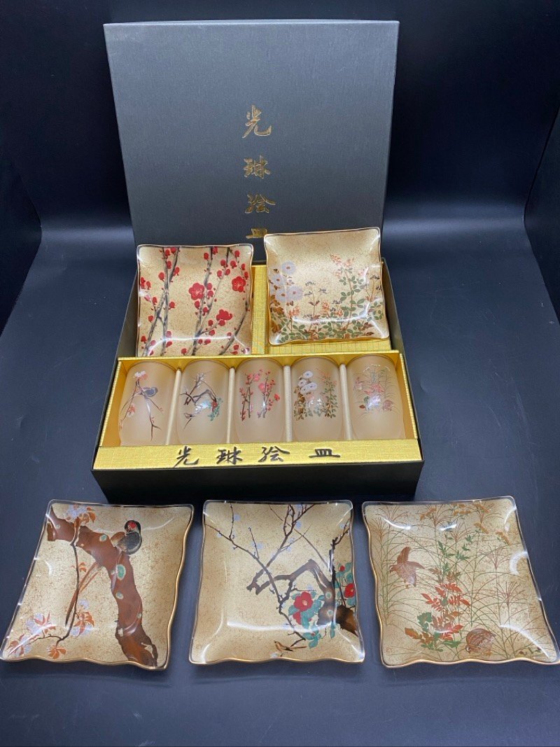 レトロ 川村硝子 光琳絵 ファンシークラフトグラス 小皿 グラス 各5 KO-105 ガラス 金彩 食器 長期保管品 ☆ちょこオク☆80