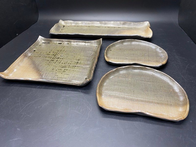 越前焼 幡山窯 プレート 4枚 布目 和食器 長角皿 角皿 半月皿 ☆ちょこオク☆100