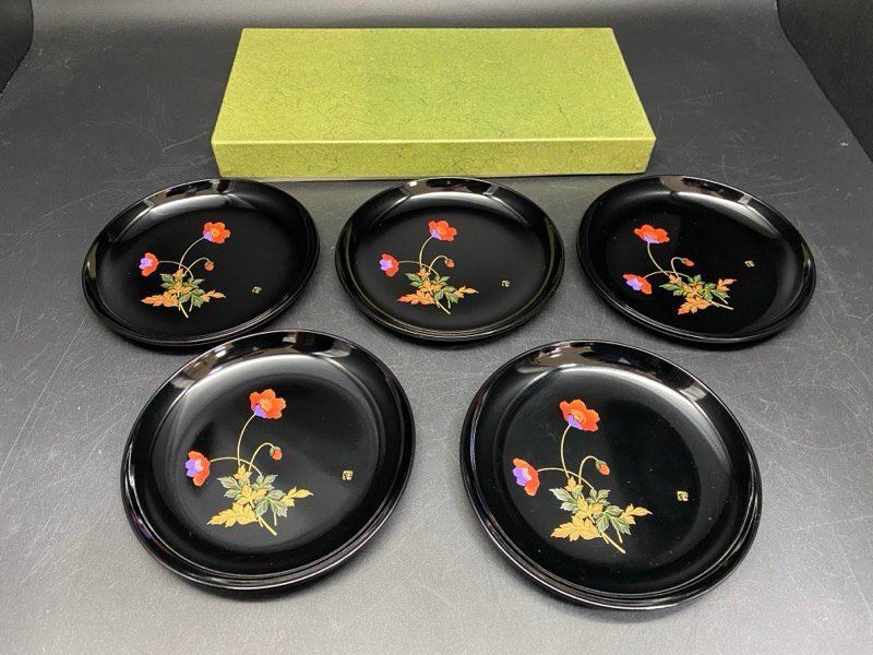 石川県 伝統工芸 山中塗 昇峰 銘々皿揃 朱洋花 小皿 和食器 漆器 ☆ちょこオク☆60