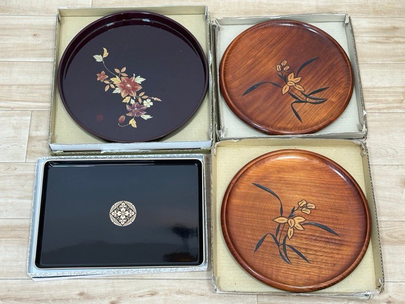 未使用品 昭和レトロ 丸盆 お盆 ４点 木製 山中塗 天然木 工芸品 4点セット インテリア ☆ちょこオク☆100
