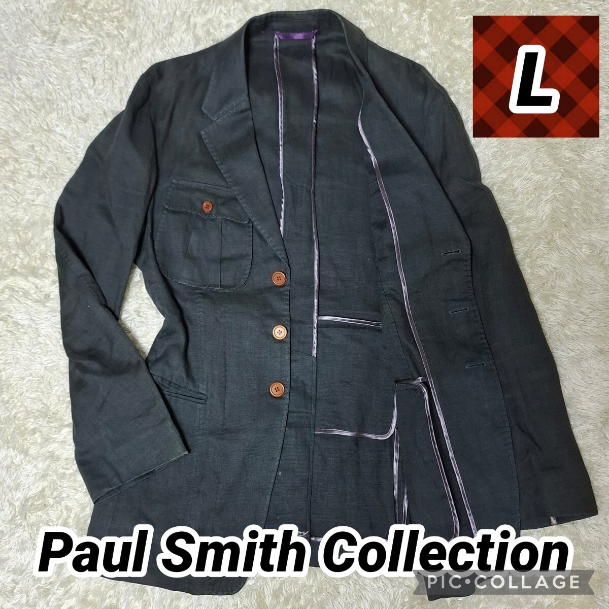 希少Lサイズ リネン100 春夏専用 ポールスミス コレクション Paul Smith Collection サファリジャケット風 ジャケット スミクロ ブラック