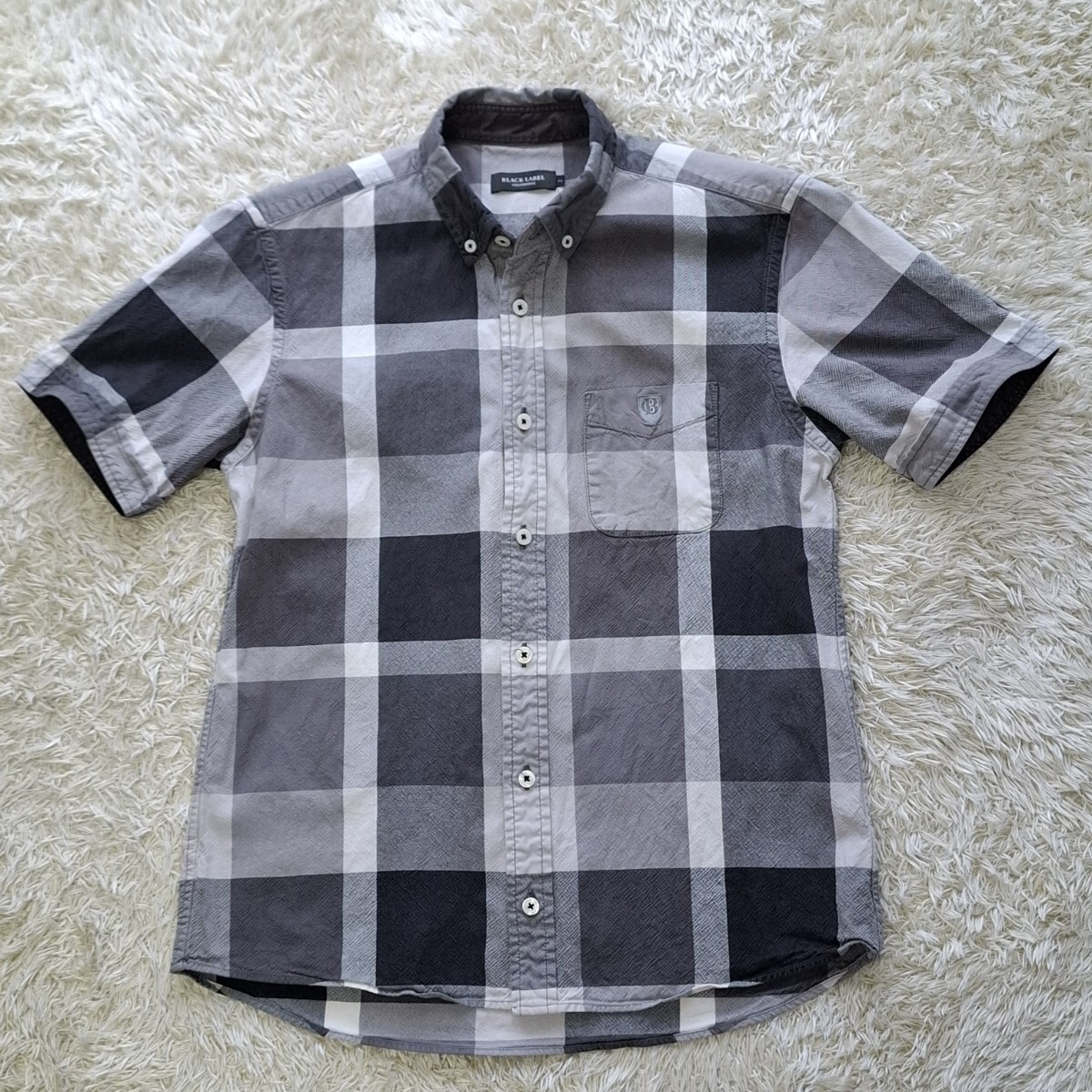 ブラックレーベルクレストブリッジ BLACK LABEL CRESTBRIDGE 半袖 ボタンダウン シャツ チッェク柄 総柄 白 黒 灰 M コットン 手洗い洗濯済