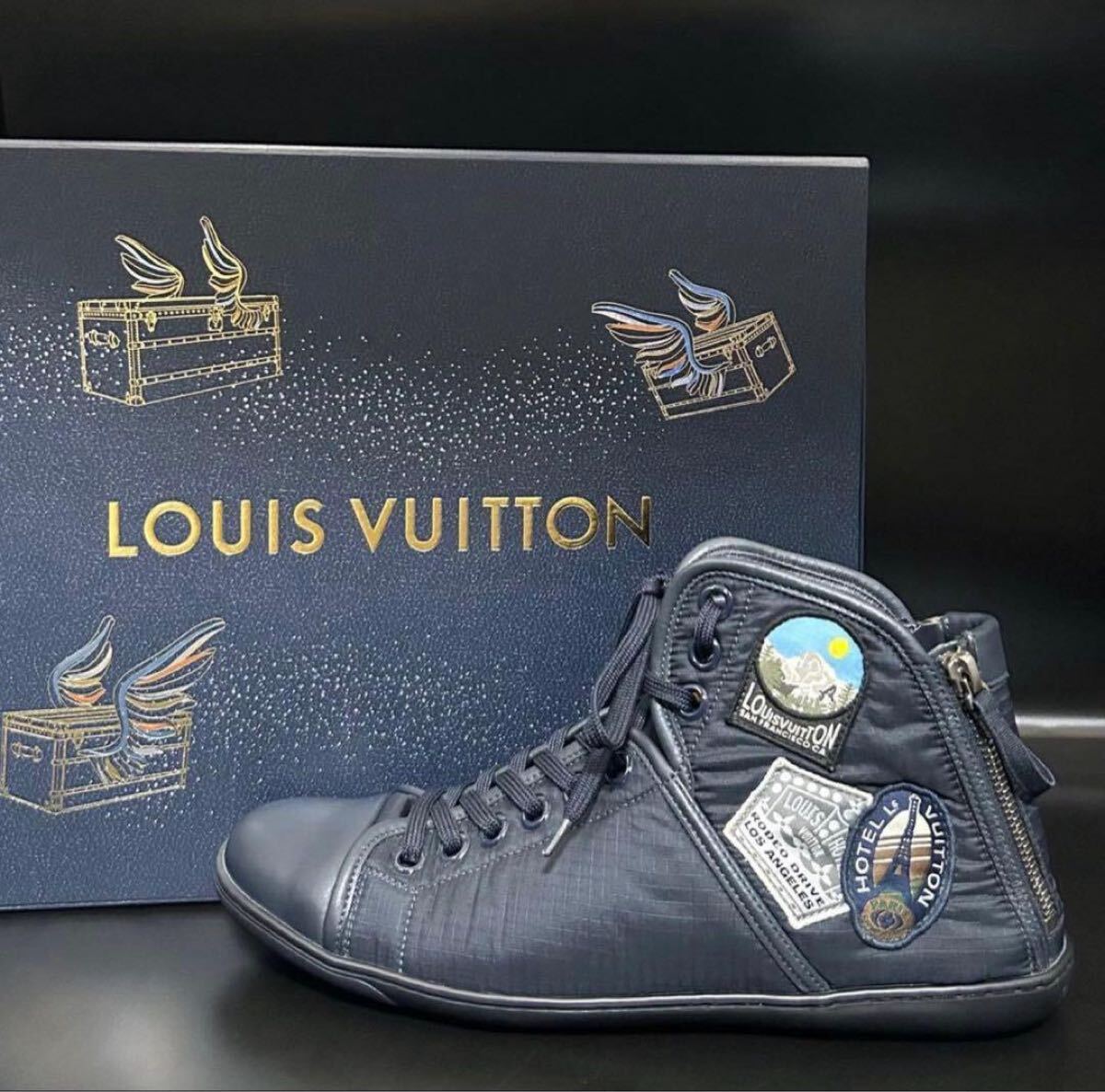 1円【美品】LOUIS VUITTON ルイヴィトン ハイカットスニーカー ワッペン ジップ ロゴ メンズ ナイロン ネイビー 紺 シューズ 靴 26cm相当