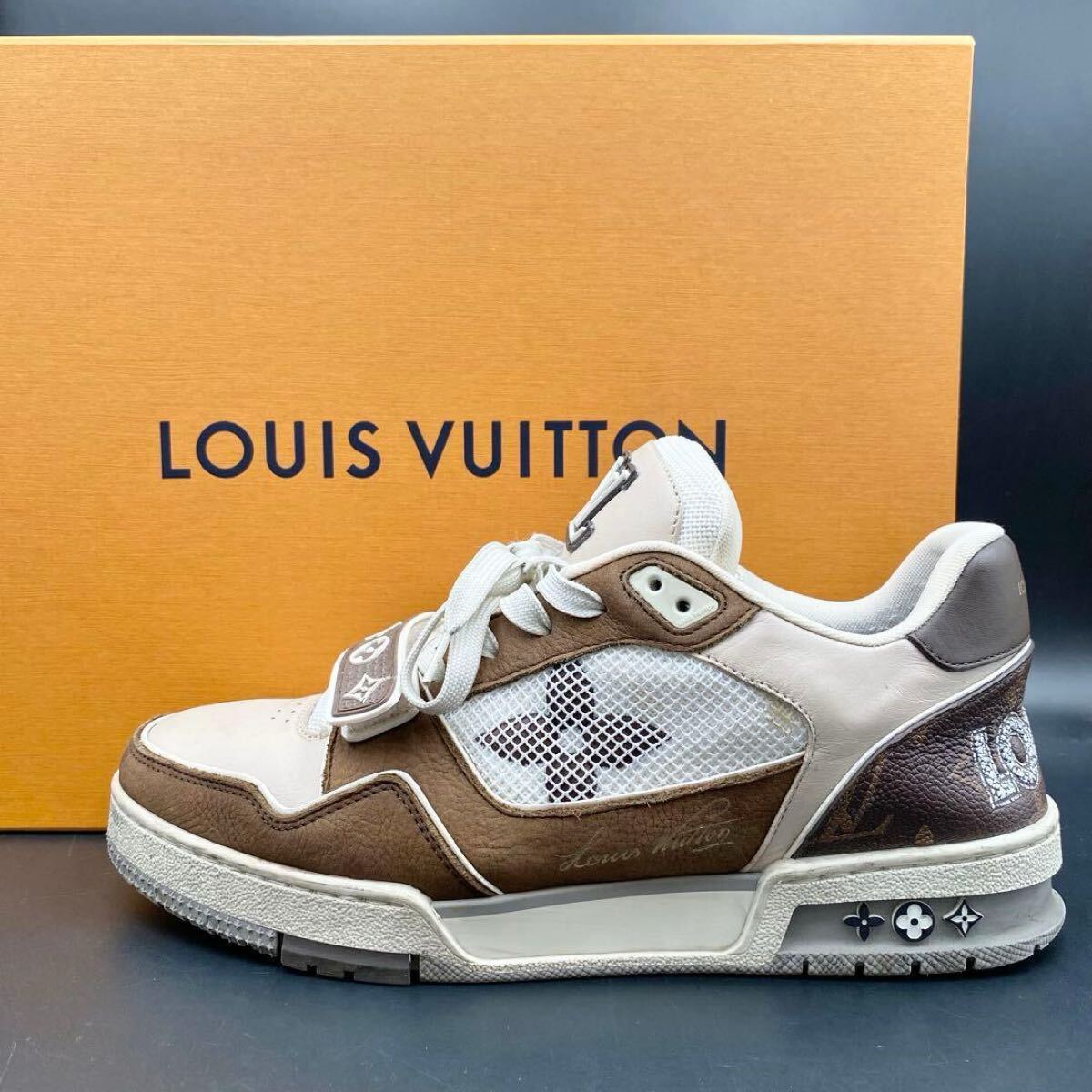 1円【王者の風格】LOUIS VUITTON ルイヴィトン LVトレイナーライン スニーカー モノグラム LVロゴ メンズ レザー メッシュ 靴 26cm相当