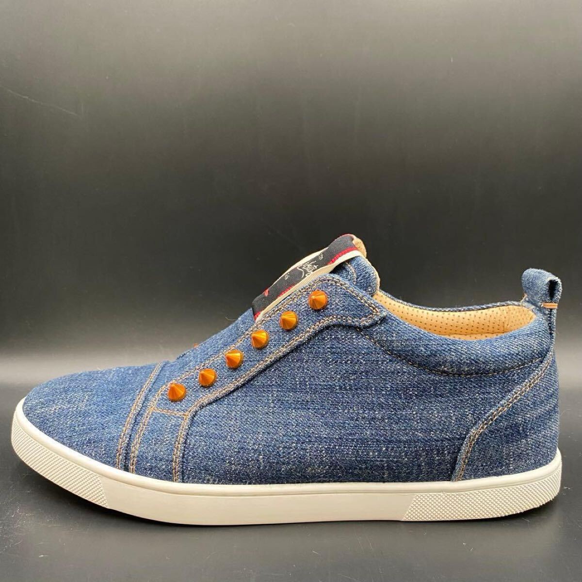 1円【極美品 現行】Christian Louboutin クリスチャンルブタン ハイカットスニーカー スタッズ スパイク デニム メンズ 靴 ブルー 26cm相当