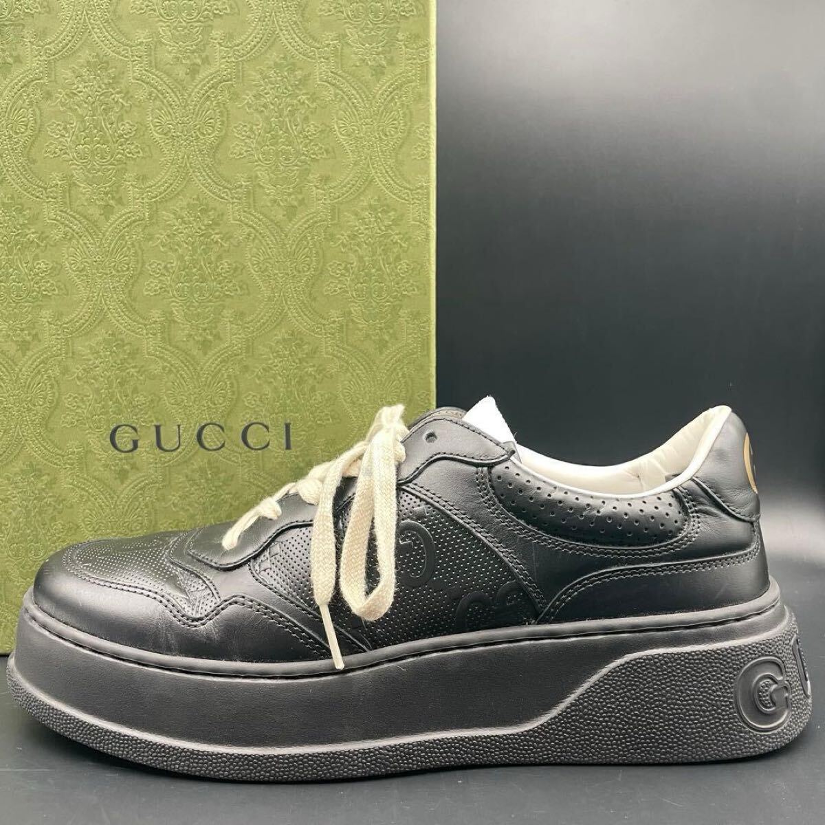 1円【極美品】GUCCI グッチ GGシマ チャンキー スニーカー 現行モデル 25年製 レザー シューズ 靴 メンズ ブラック 黒 サイズ27.5cm相当