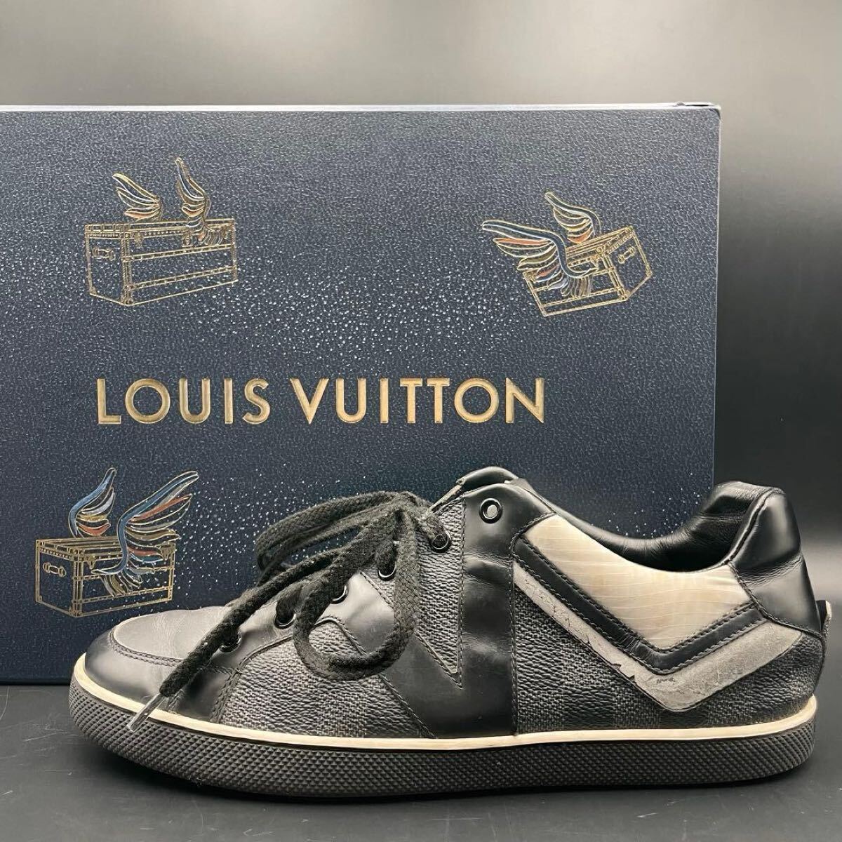 1円【美品】LOUIS VUITTON ルイヴィトン ダミエ グラフィット スニーカー ローカット ダミエ LVロゴ メンズ レザー シューズ 靴 25.5cm相当