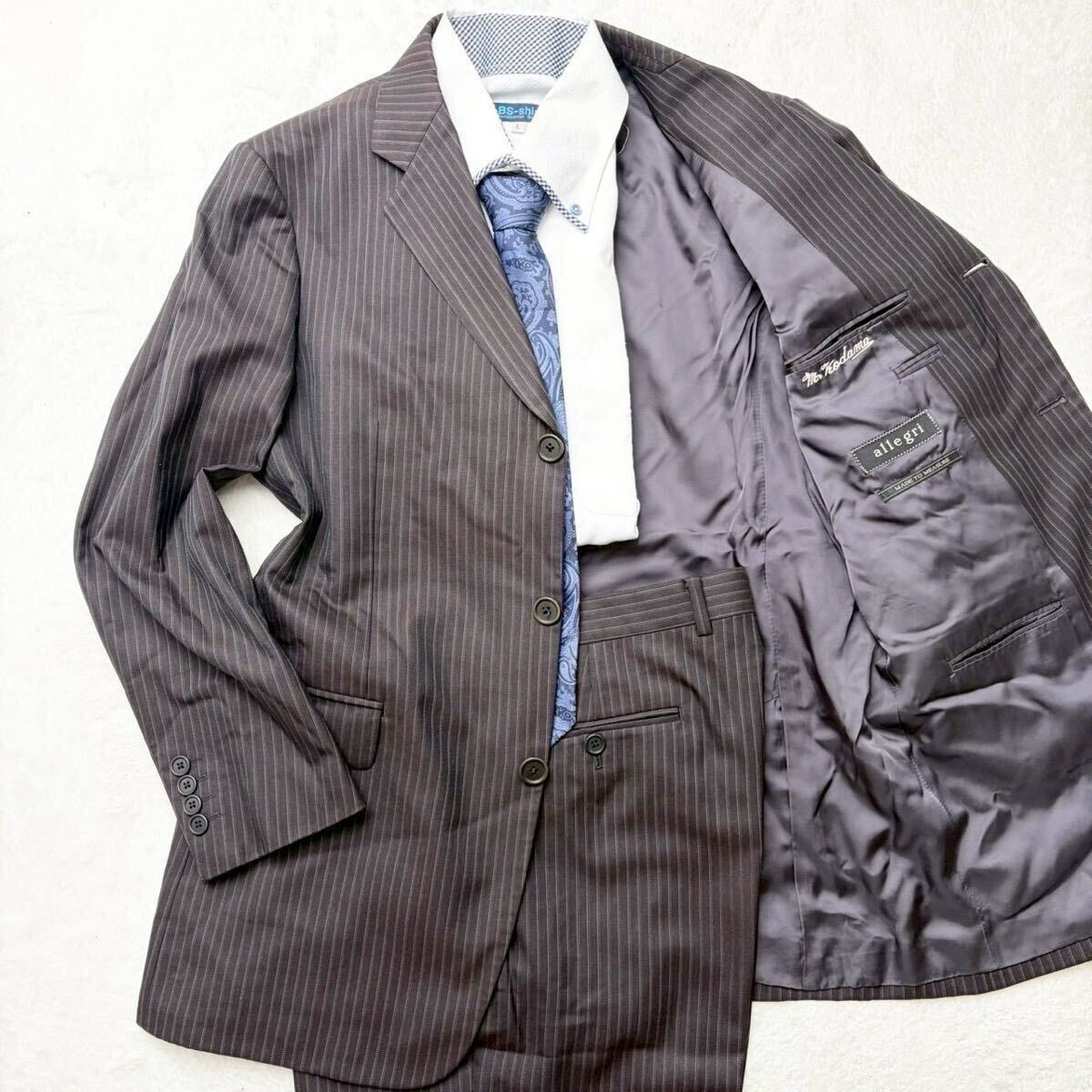 3476 希少L allegri アレグリ 黒 ブラック スーツ ストライプ シルク 絹 セットアップ 上下セット ビジネス 48 メンズ ジャケット パンツ