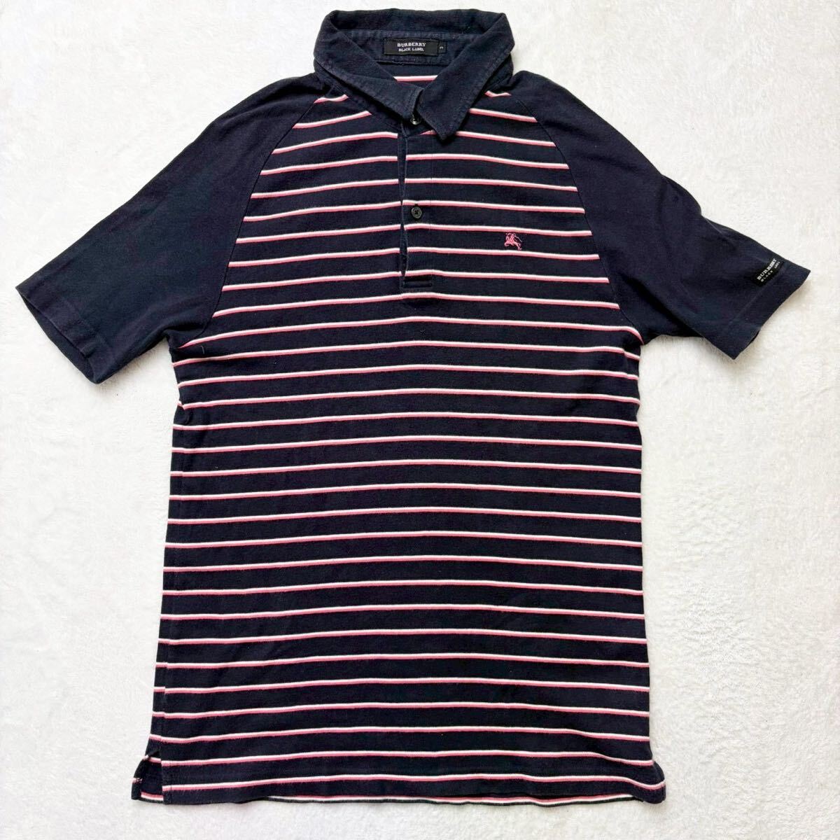 3560 希少Lサイズ◎BURBERRY BLACK LABEL ボーダー 半袖 ポロシャツ トップス バーバリーブラックレーベル ホース刺繍 3 メンズ ネイビー 