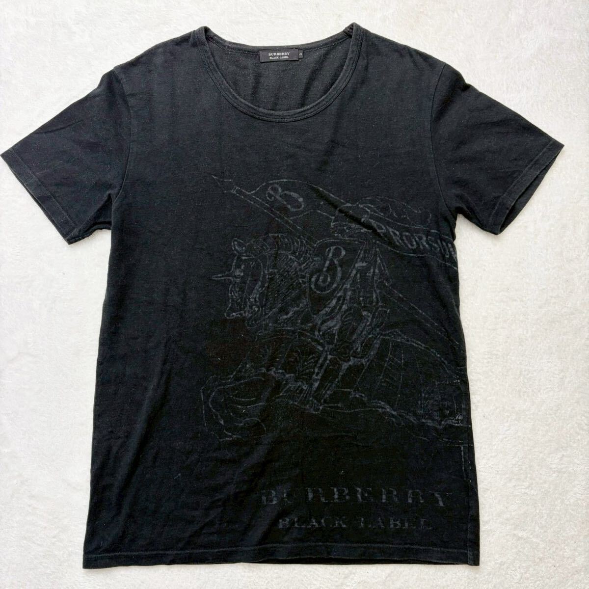 3559 希少Lサイズ◎BURBERRY BLACK LABEL バーバリーブラックレーベル 半袖 Tシャツ ビッグホースロゴ デカロゴ 黒 ブラック 3 メンズ