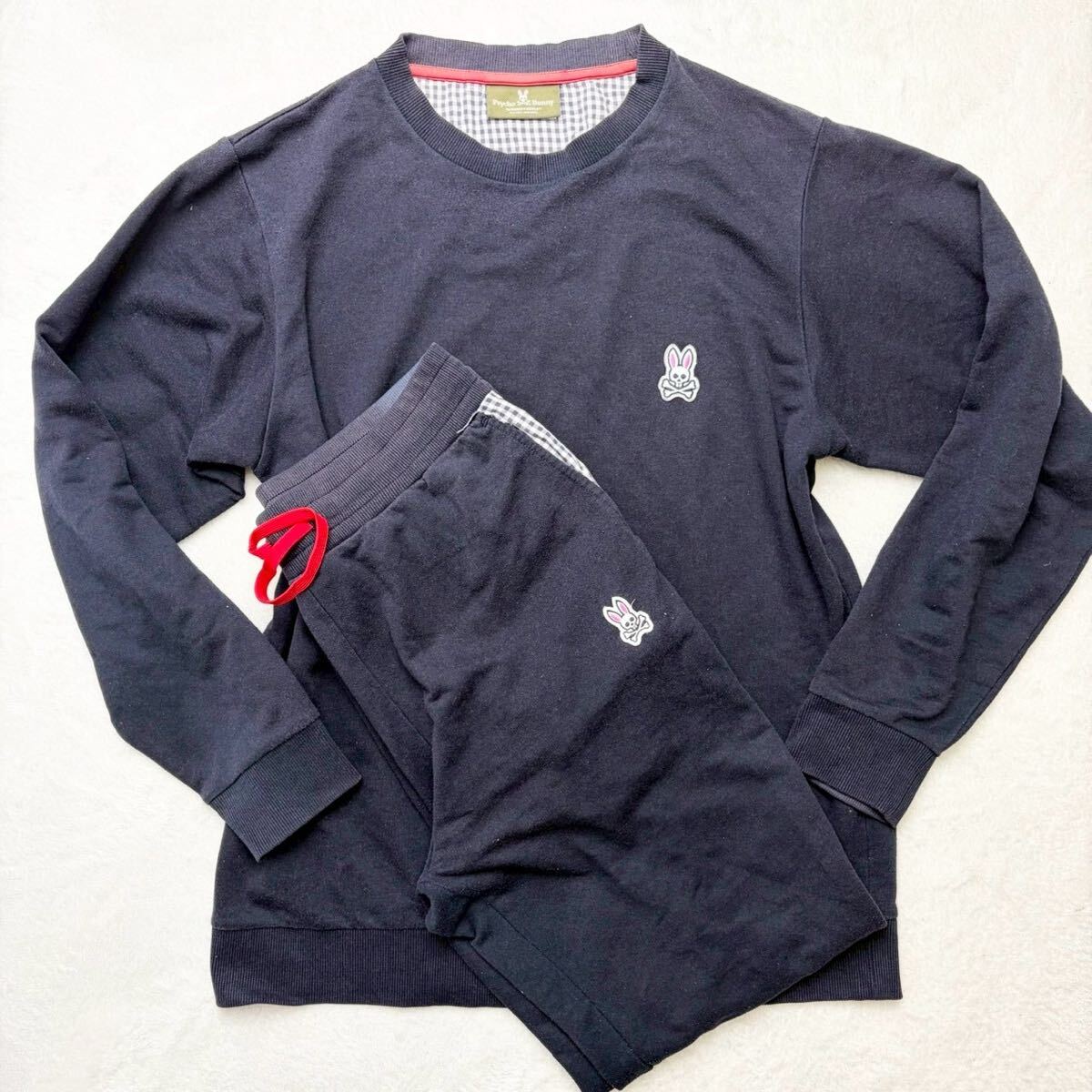 3553 PSYCHO BUNNY セットアップ トレーナー トラックパンツ チェック ロゴワッペン ジャージ ネイビー 紺 サイコバニー M ゴルフウェア