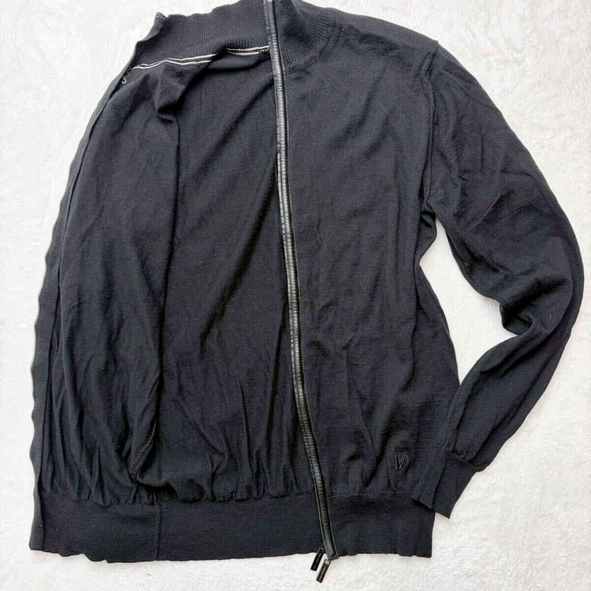 3156希少L◎ヴェルサーチ VERSACE ラムレザー ドライバーズニット ジャケット セーター メリノウール 薄手 羊革 メンズ Wジップ 黒 伸縮◎