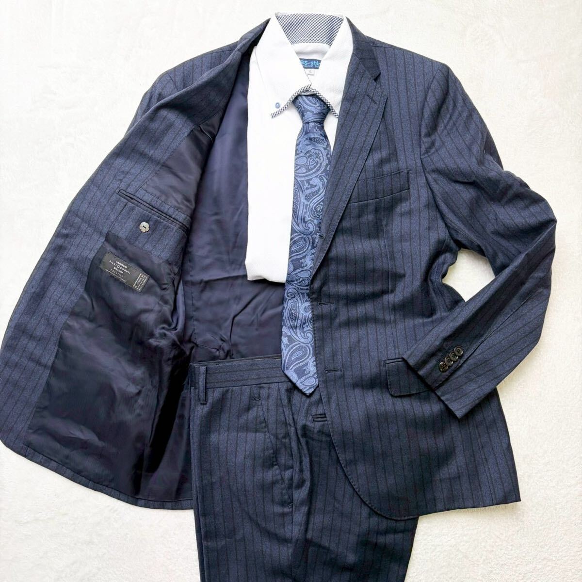3598 希少XL◎オロビアンコ orobianco 高級生地 lanificio cerruti スーツ セットアップ ネイビー ストライプ 紺 裏地迷彩 メンズ 50