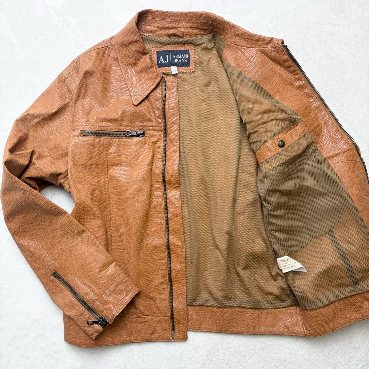 3671 希少XL アルマーニジーンズ ARMANI JEANS リザード型押し 総柄 レザー ジャケット ブルゾン ライダース ブラウン キャメル 52 メンズ