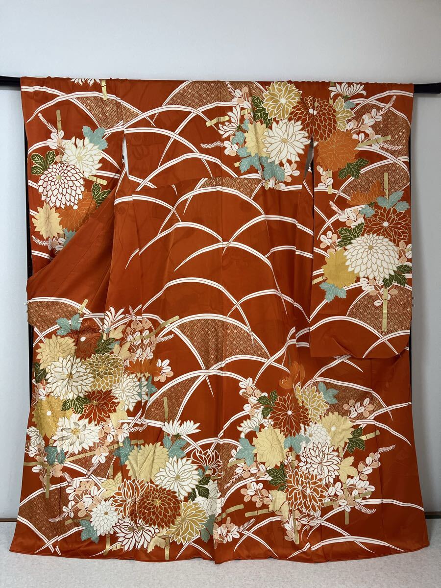 振袖 着物 正絹 金彩 刺繍 橙系 着丈161cm 晴着 きもの