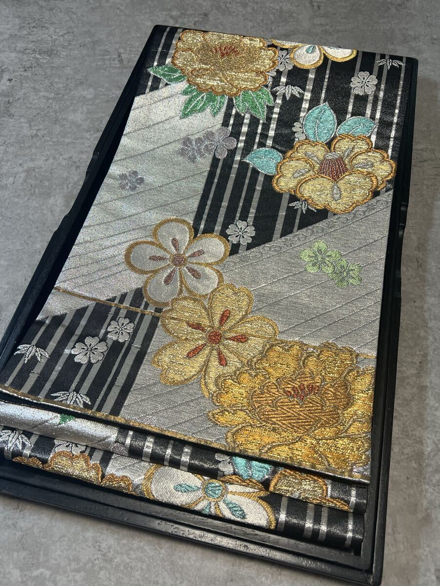 帯 袋帯 黒銀 正絹 華 絢爛 きもの 金糸 振袖 晴着