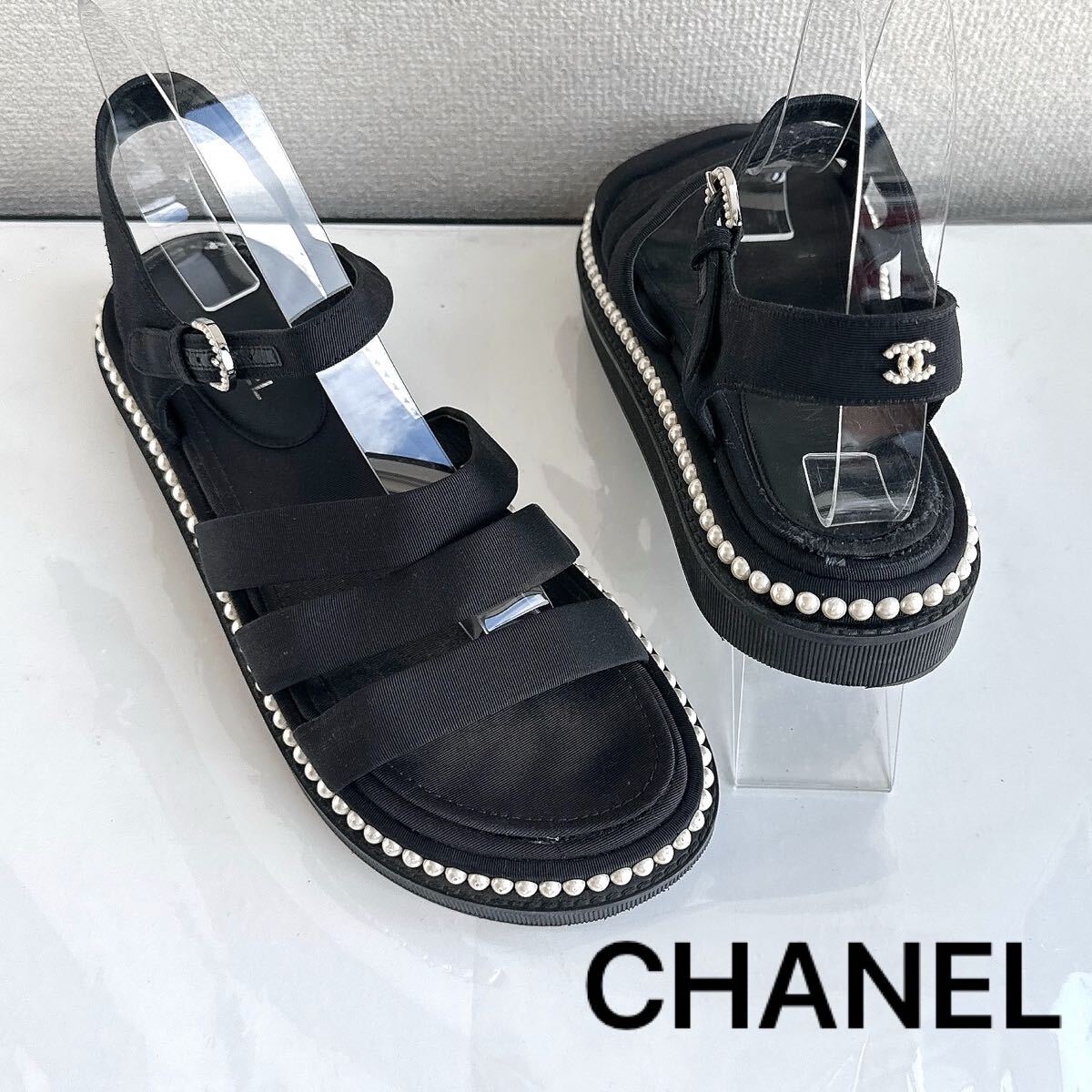 CHANEL シャネル パール ココマーク ストラップ スライド スポーツサンダル ミュール フラットシューズ パンプス レーディス 靴 37.5 CC 黒