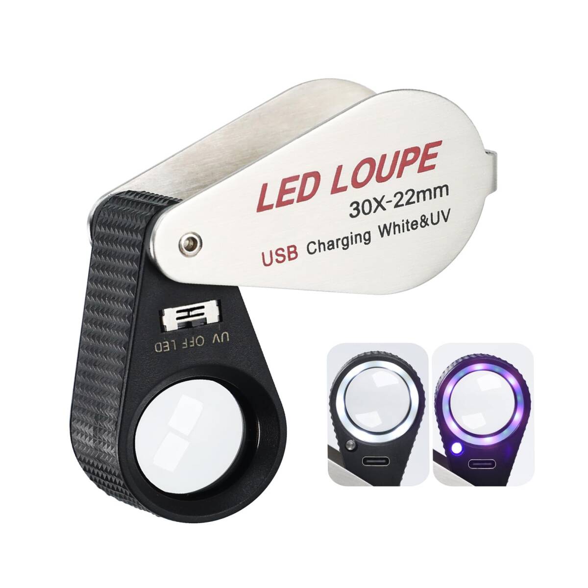 照明付き宝石鑑定用ルーペ 30倍、充電式折りたたみ式ジュエリールーペ LEDルーペ（6つのLED & UVライト付き）宝石、 em