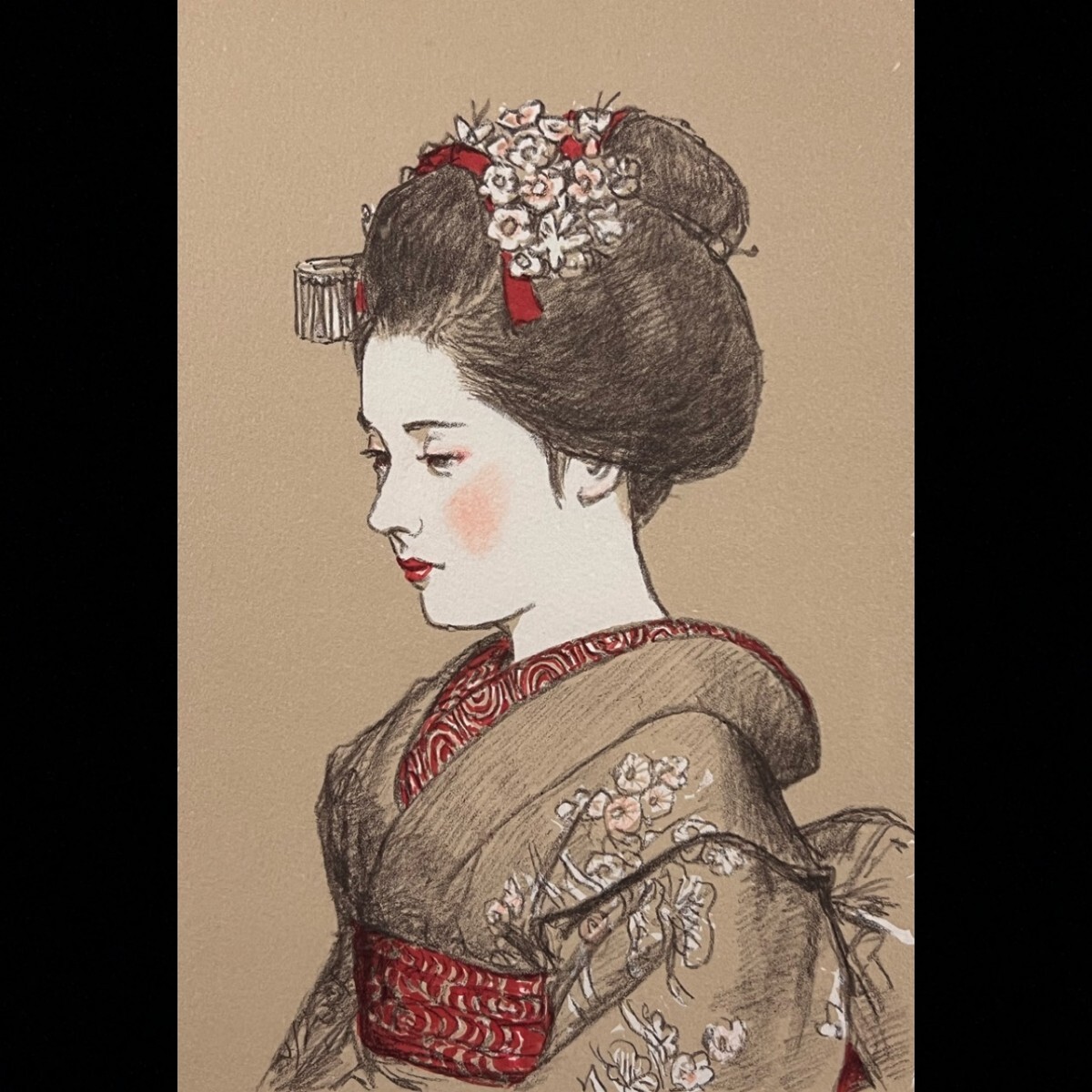 真作保証 小松崎邦雄「花かんざし」277/500 リトグラフ 直筆サイン 舞妓 美人画 額装[麌]