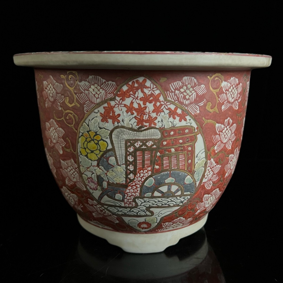 古美術品 明治初期 金彩赤色絵 花御所車文鉢 28cm 植木鉢 蘭鉢 時代物 細密絵付 唐物骨董[麌]