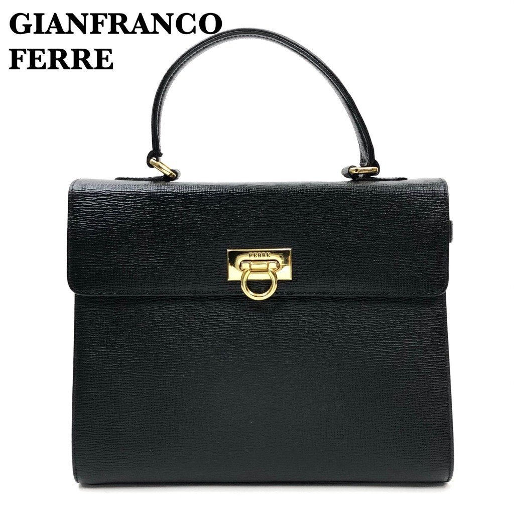 良品 GIANFRANCO FERRE ジャンフランコフェレ ハンドバッグ フォーマルバッグ レザー ゴールド金具 黒/ブラック 本革 正規品 保証 最落無