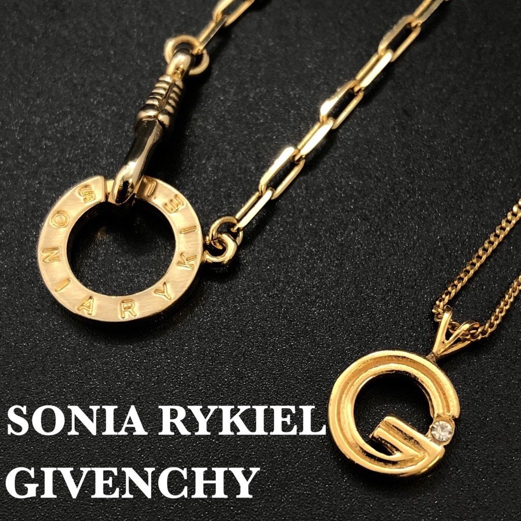 GIVENCHY ジバンシイ SONIA RYKIEL ソニアリキエル Gロゴ ネックレス 2点セット ペンダント サークルリング ゴールド ストーン 最落無