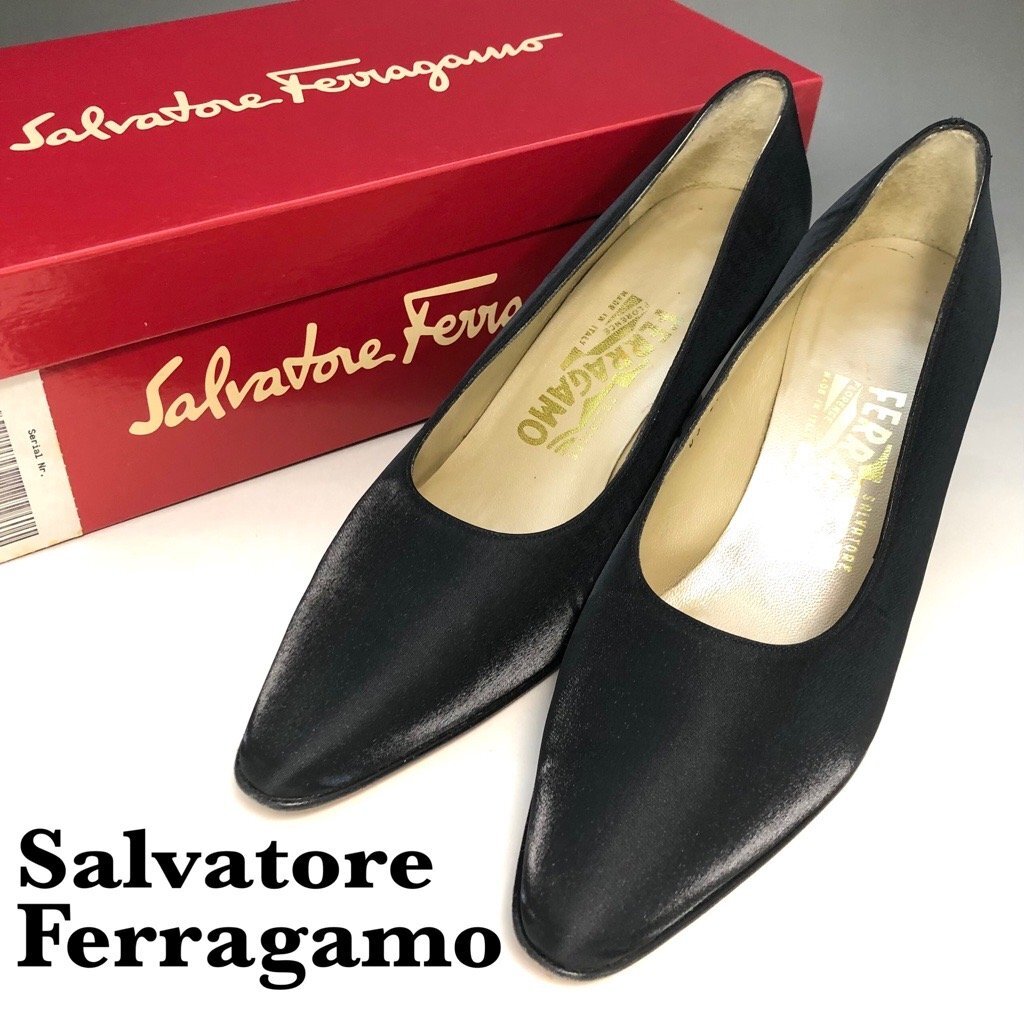 良品 Salvatore Ferragamo フェラガモ BOEMIA パンプス 6 1/2/約23.5cm サテン ヒール装飾 黒 レディース 靴 ハイヒール パーティー