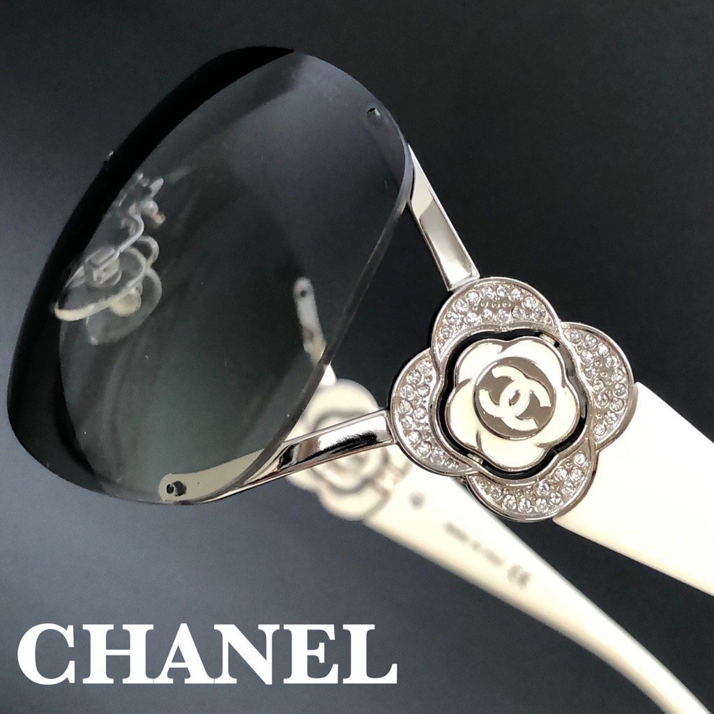 美品 CHANEL シャネル カメリア ラインストーン ココマーク サングラス メガネ 4171 白/オワイト リムレス ブラックグラデ 正規品 最落無