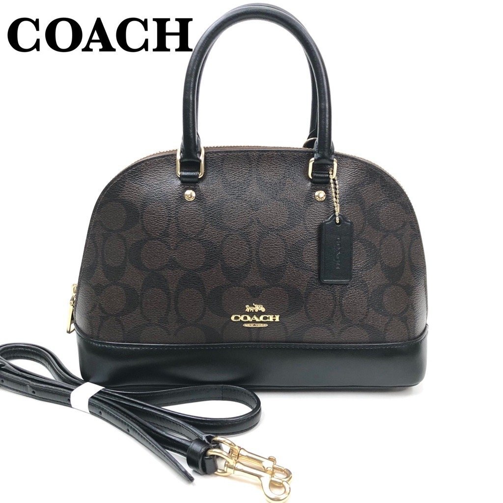 美品 COACH コーチ シグネチャー シエラ サッチェル 2WAYバッグ 斜め掛け ショルダーバッグ ハンドバッグ 黒茶 バイカラー 27583 最落無