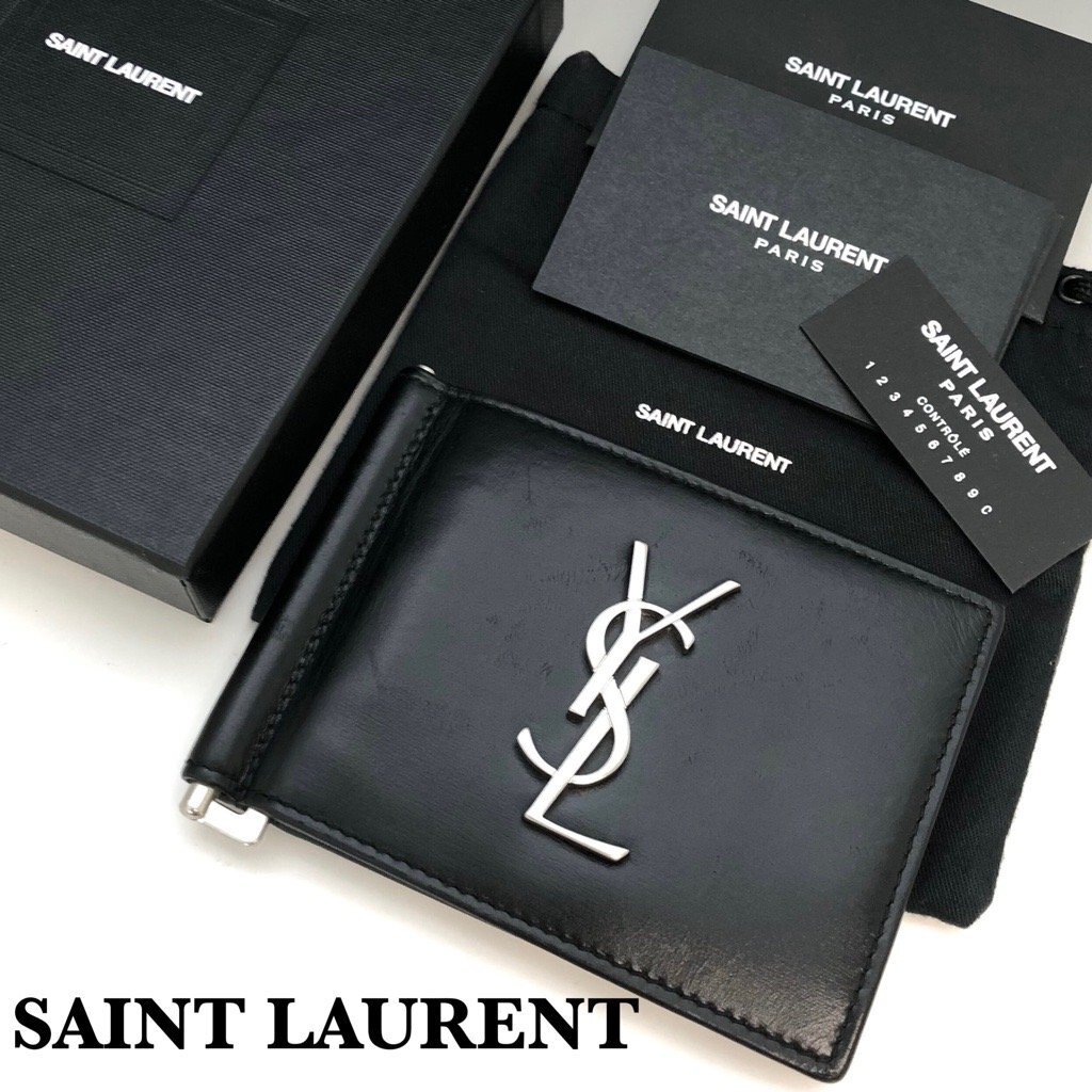 美品 SAINT LAURENT サンローラン カサンドラ ビルクリップウォレット マネークリップ 二つ折り財布 財布 YSLロゴ 黒 レザー 正規品 最落無