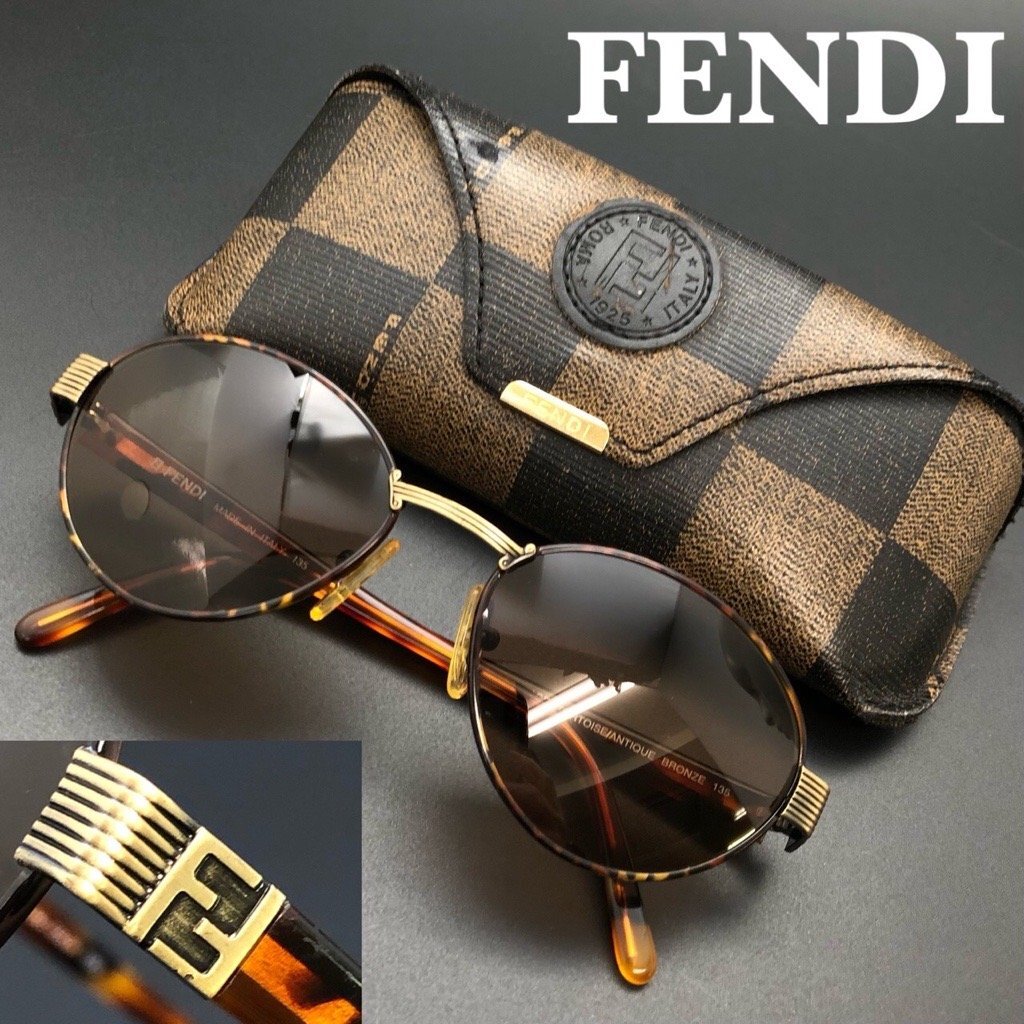 美品 FENDI フェンディ FFロゴ サングラス FS 135 ボストン フルリム ブラウン/ゴールド/べっ甲 レディース/メンズ 正規品 本物保証 最落無