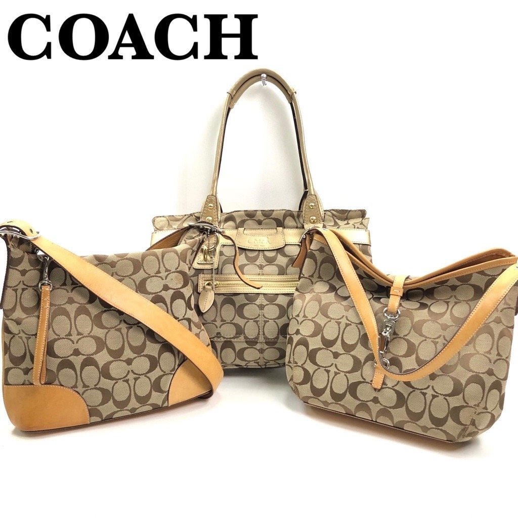 COACH コーチ バッグ 3点セット トートバッグ ショルダー ハンドバッグ シグネチャー キャンバス×レザー ベージュ系 斜め掛け 訳有 最落無