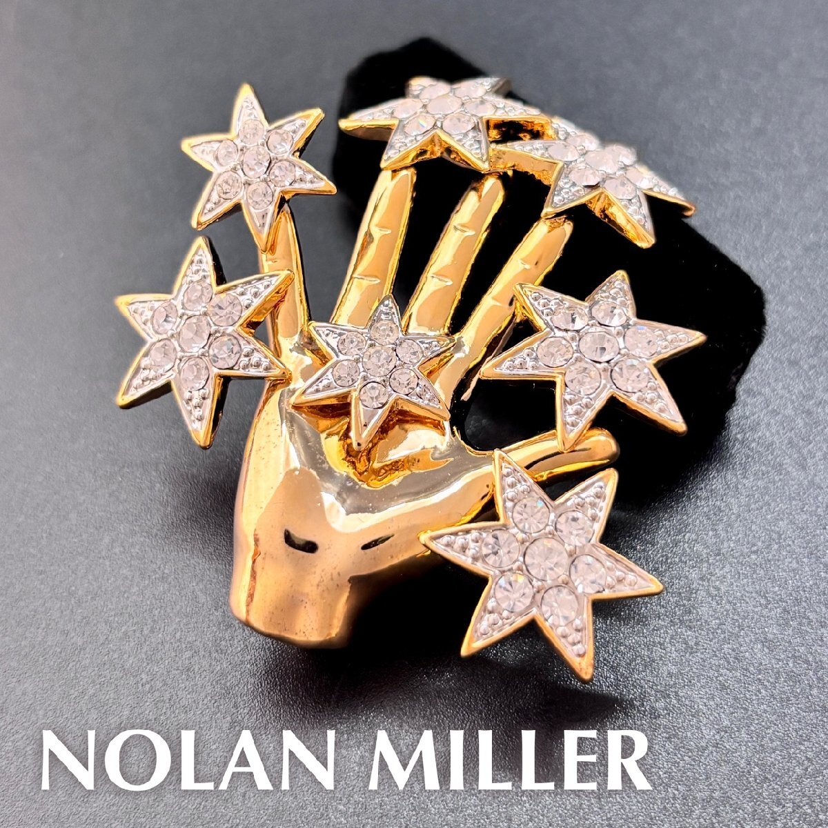 Nolan Miller ノーラン・ミラー 希少 良品 ラインストーン ブローチ 星 スター 手 モチーフ ゴールドカラー 1000円スタート