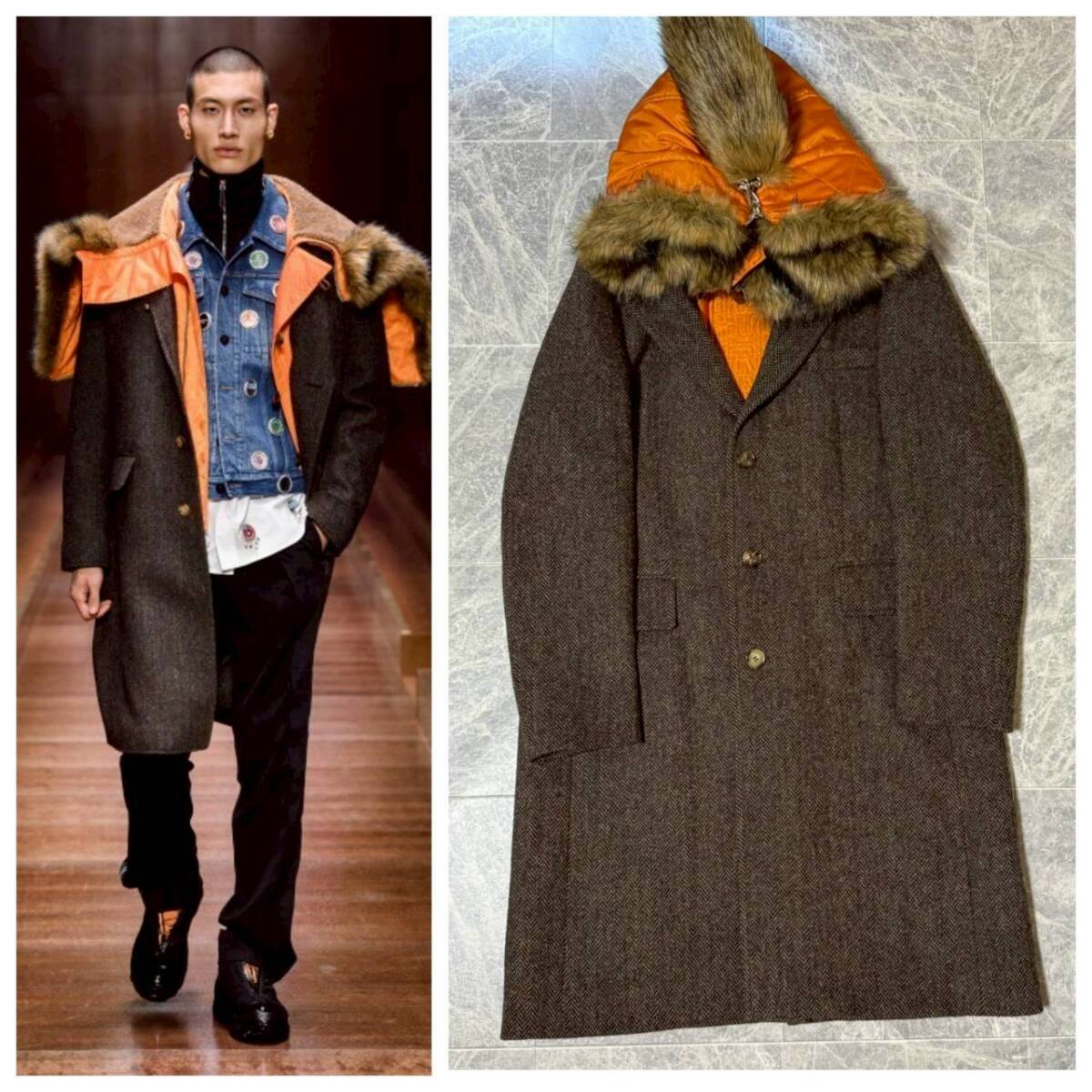 BURBERRY Tisci 2019AW バーバリー リカルドティッシ ムートン シアリング ファー ライナー 切り替え フード ツイードチェスター コート 52