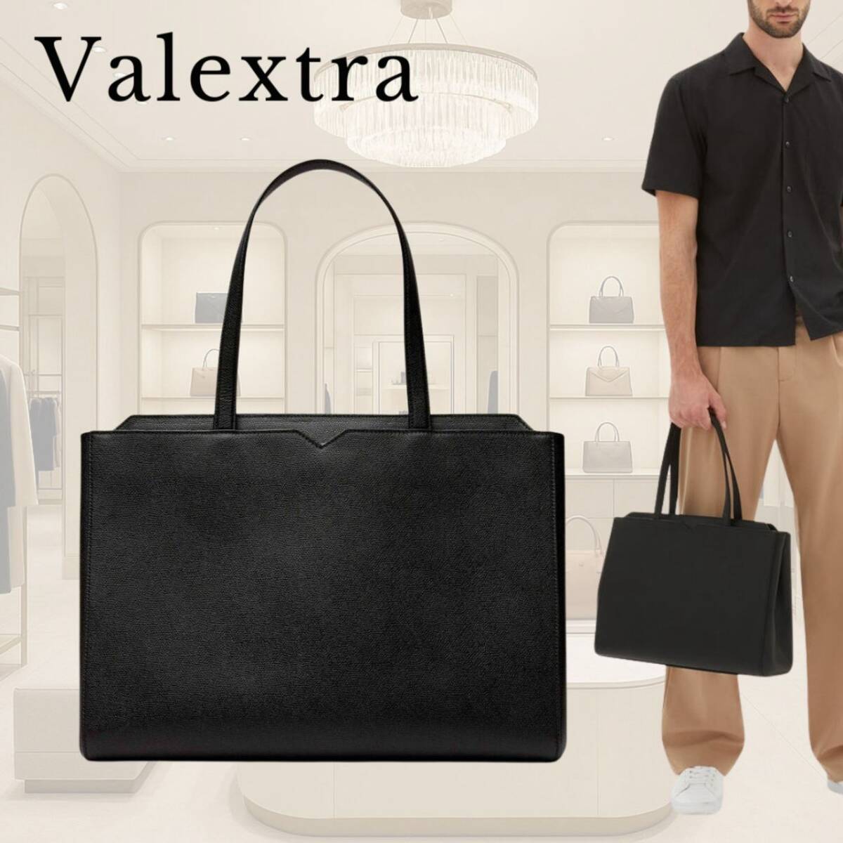 定価約45万円 VALEXTRA Horizontal Shopping Bag ヴァレクストラ Vライン ホリゾンタル ショッピング バッグ