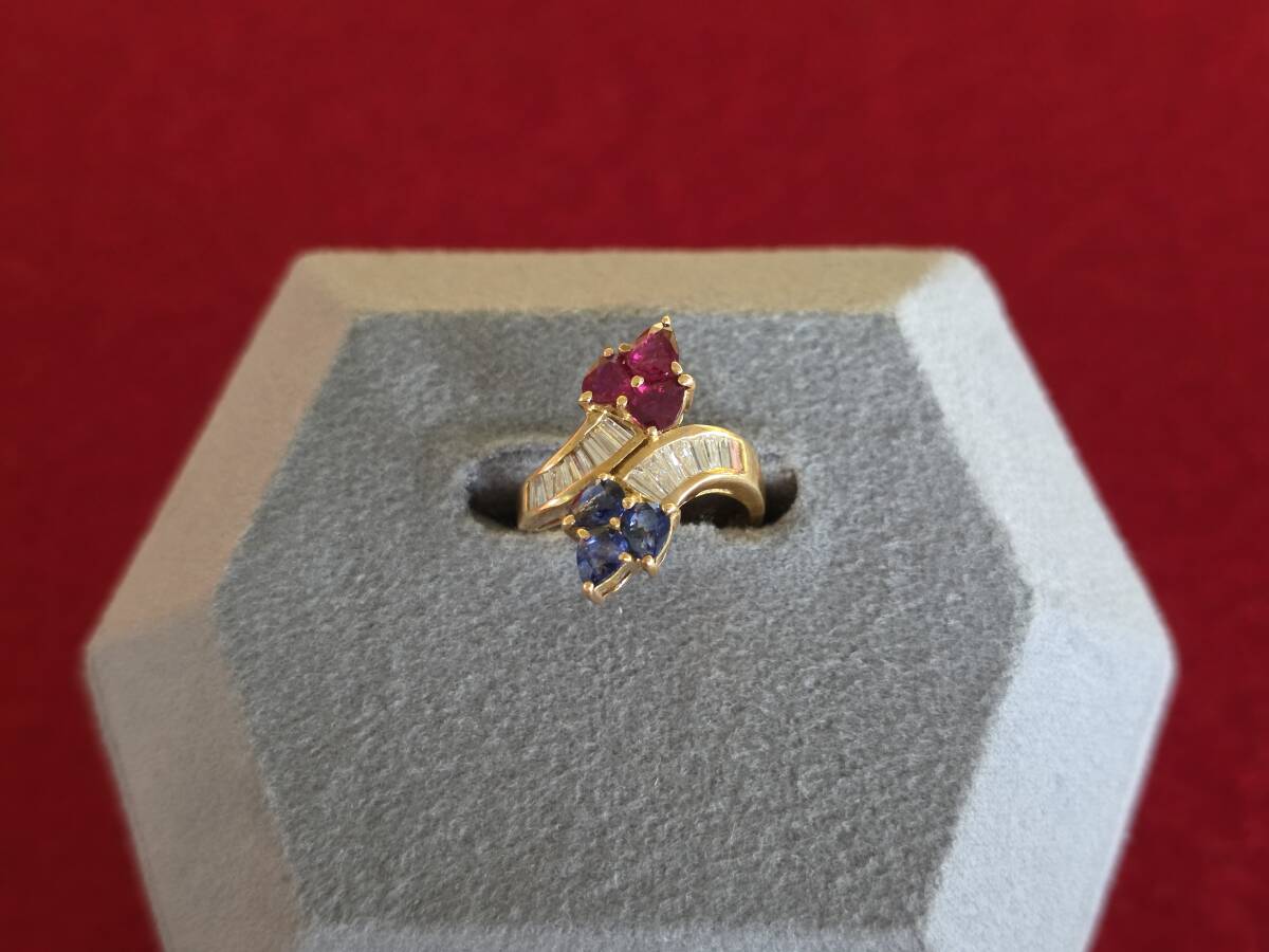 Ｔ５５９６　ジュエリー　宝飾品　Ｋ１８　天然ルビー・サファイア・ダイアモンド　リング　サイズ１１号　鑑別書　ケース