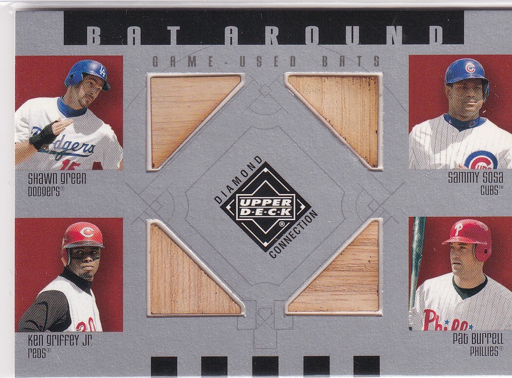 SHAWN GREEN/SAMMY SOSA/KEN GRIFFEY JR./PAT BURRELL 2002 UPPER DECK UD BAT AROUND QUAD RELIC