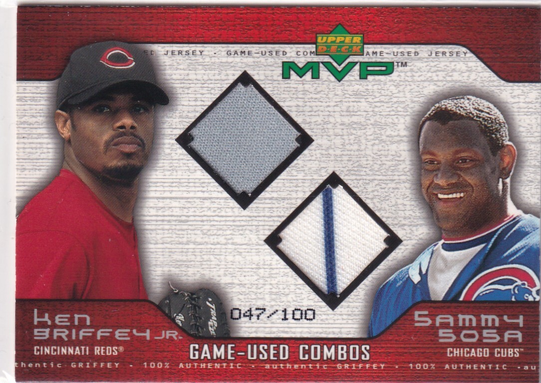 KEN GRIFFEY JR. / SAMMY SOSA 2001 UPPER DECK UD MVP GAME-USED COMBOS JERSEY (#/100)